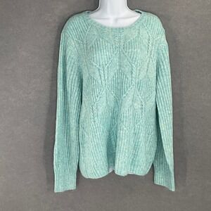 Talbots Sweater Women's Sz L Blue Cable Knit Diamond Pattern Wool Crew Neck‎